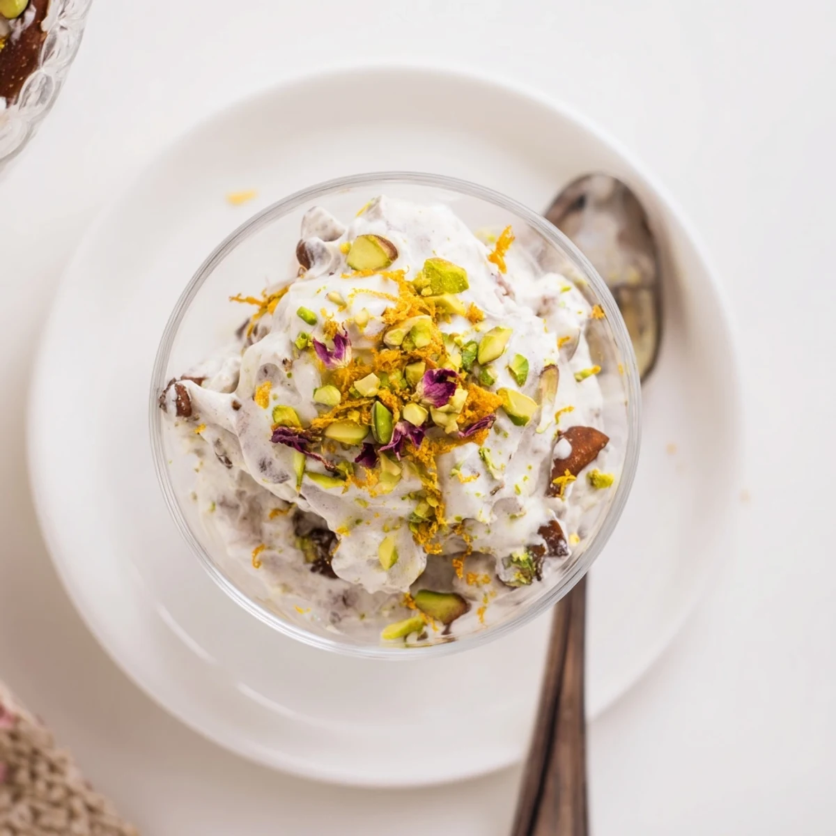 Elegant Lebanese date blossom mousse served chilled with rose petals and pistachio sprinkles