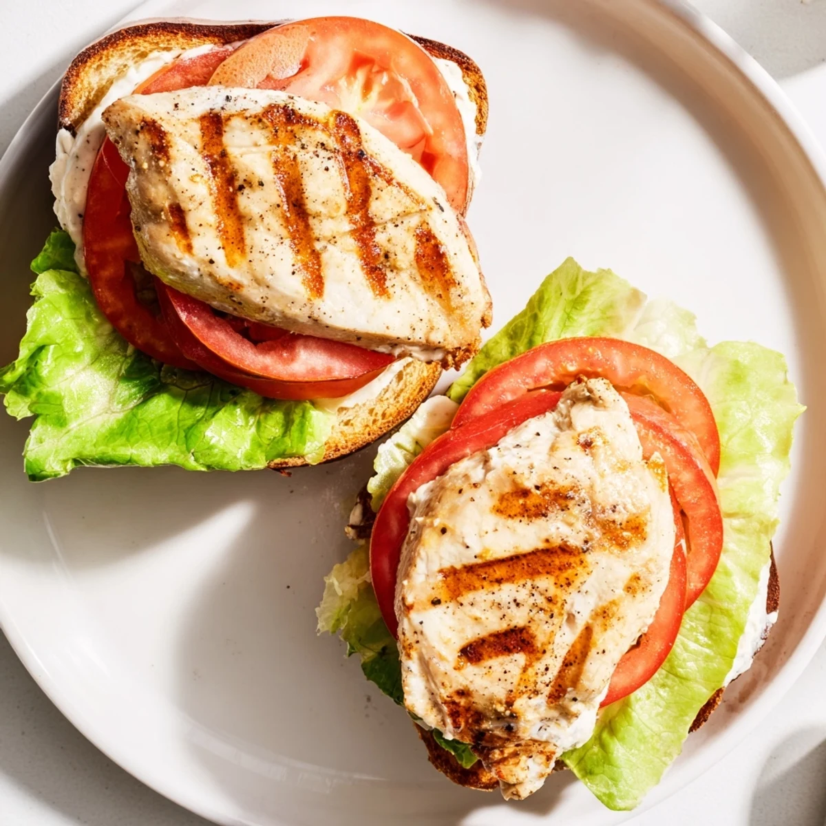 Sliced garlic chicken sandwich stacked high with ripe tomatoes and lettuce on a warm toasted ciabatta roll