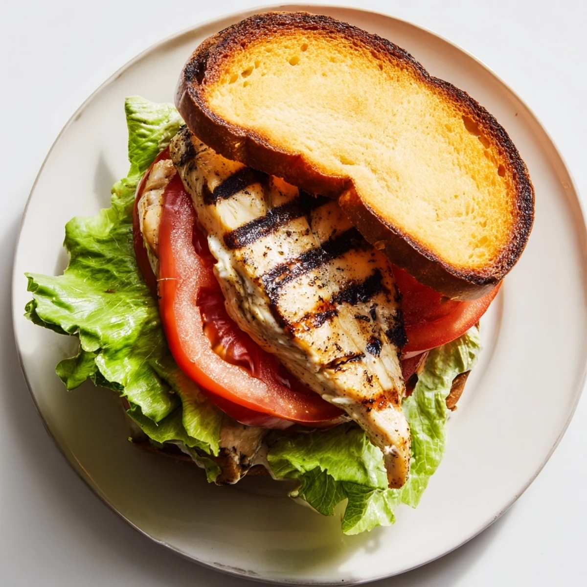 Two hands holding open-faced garlic chicken sandwich revealing layers of crisp vegetables and creamy garlic mayo