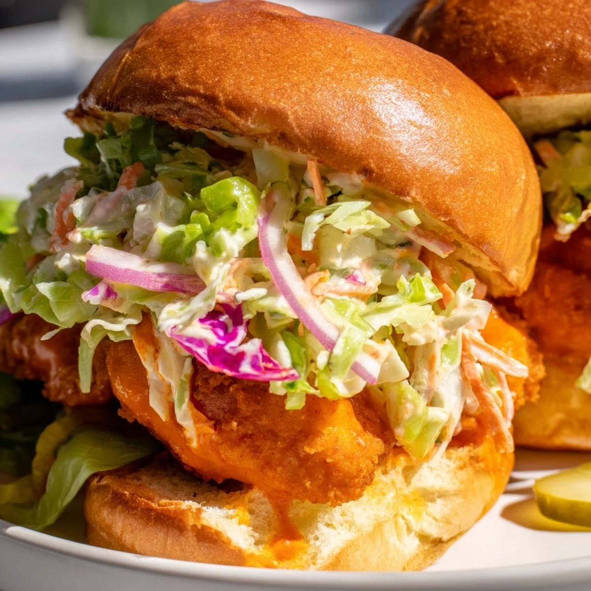 Golden crispy Buffalo chicken sandwich stacked with cool ranch slaw on toasted brioche bun