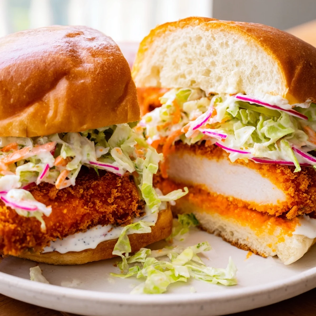 Mouthwatering crispy Buffalo chicken sandwich featuring ranch slaw and pickles on golden brioche bread