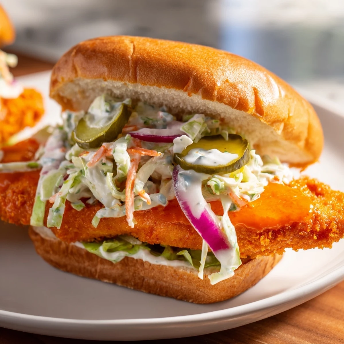 Spicy Buffalo chicken fillets topped with creamy coleslaw inside soft sandwich bun for lunch