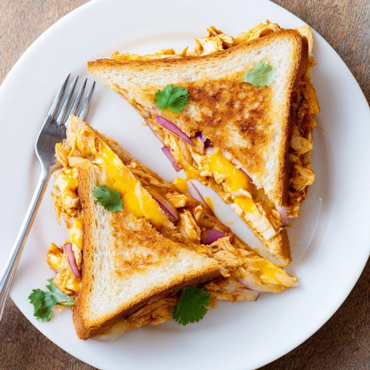 Golden BBQ chicken grilled cheese sandwich with melted cheddar and mozzarella on crispy sourdough bread