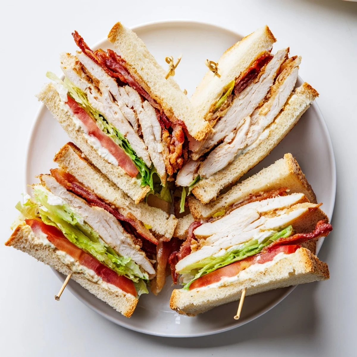 Golden triple-decker chicken club sandwich stacked with crispy bacon, fresh lettuce, and juicy ripe tomato slices