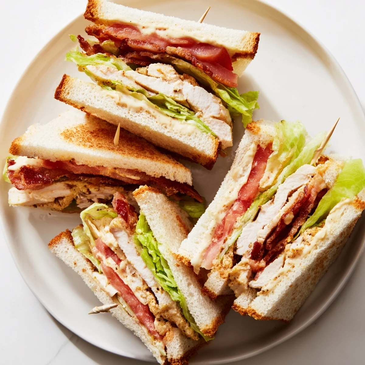 Diagonally sliced chicken club sandwiches featuring layered toasted bread, savory chicken, and creamy mayonnaise spread