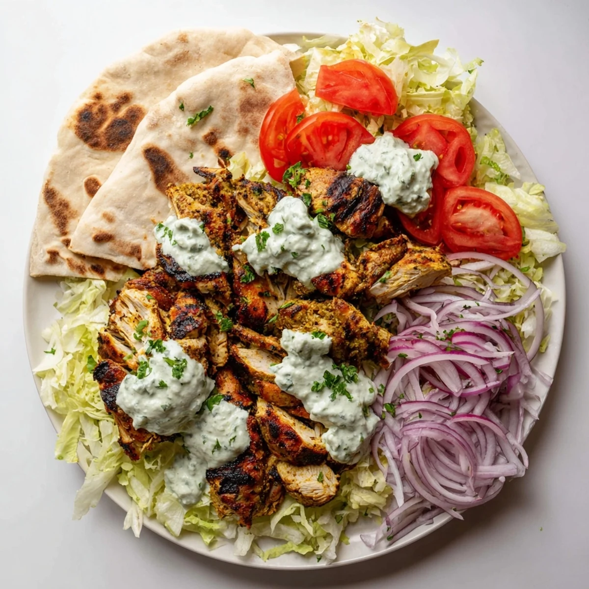 Warm pita wraps overflowing with marinated chicken shawarma, crisp lettuce, tomatoes and a side of zesty homemade garlic dipping sauce