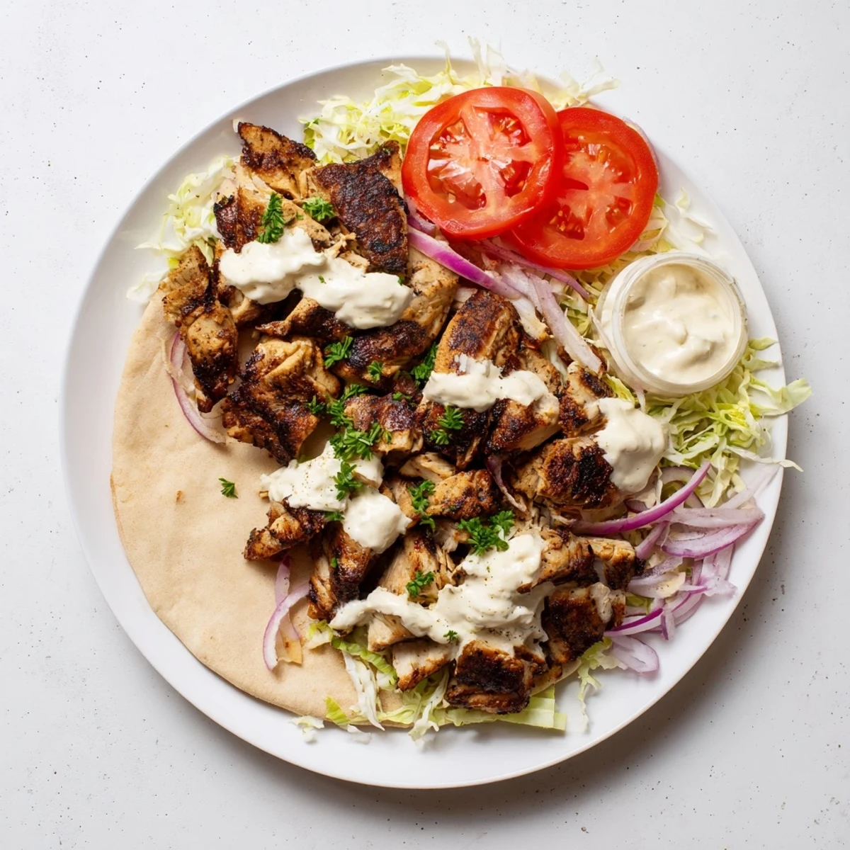 Golden sliced chicken shawarma arranged on a platter with creamy white garlic sauce drizzled generously over the spiced tender meat