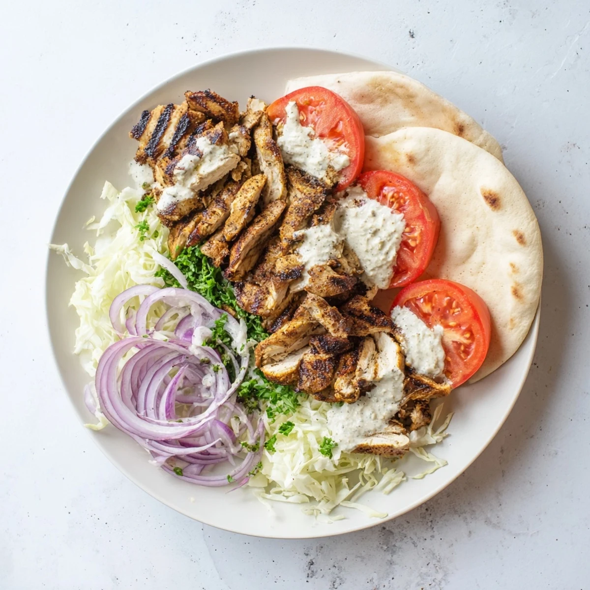 Savory spiced chicken shawarma thinly sliced and plated alongside a bowl of smooth garlic toum sauce for a Middle Eastern feast