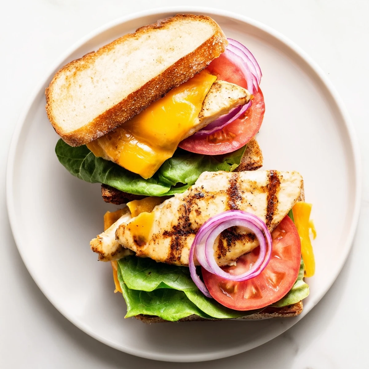 Golden grilled chicken sandwich stacked with crisp lettuce, tomato, red onion, and melted cheddar on toasted buns