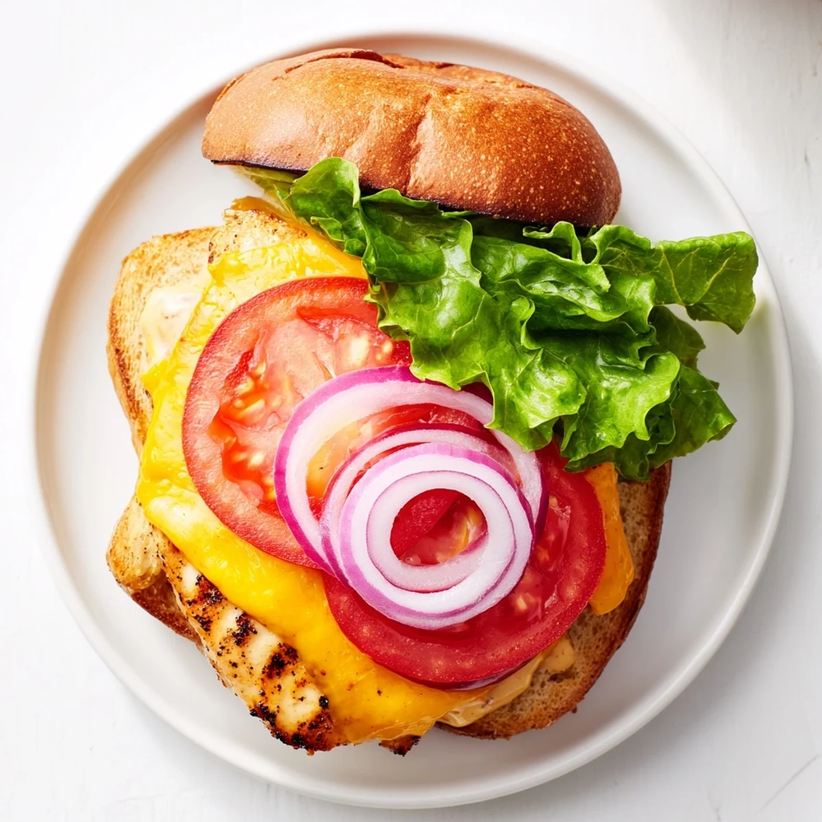 Juicy seasoned grilled chicken breast sandwich layered with fresh vegetables and creamy Dijon mayonnaise spread on a toasted bun