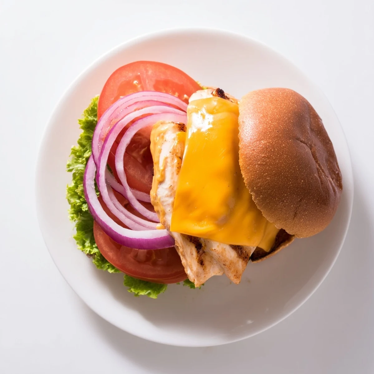 Homemade grilled chicken sandwich featuring cheese-topped cutlets with romaine, tomato slices, and zesty red onion on a toasted roll