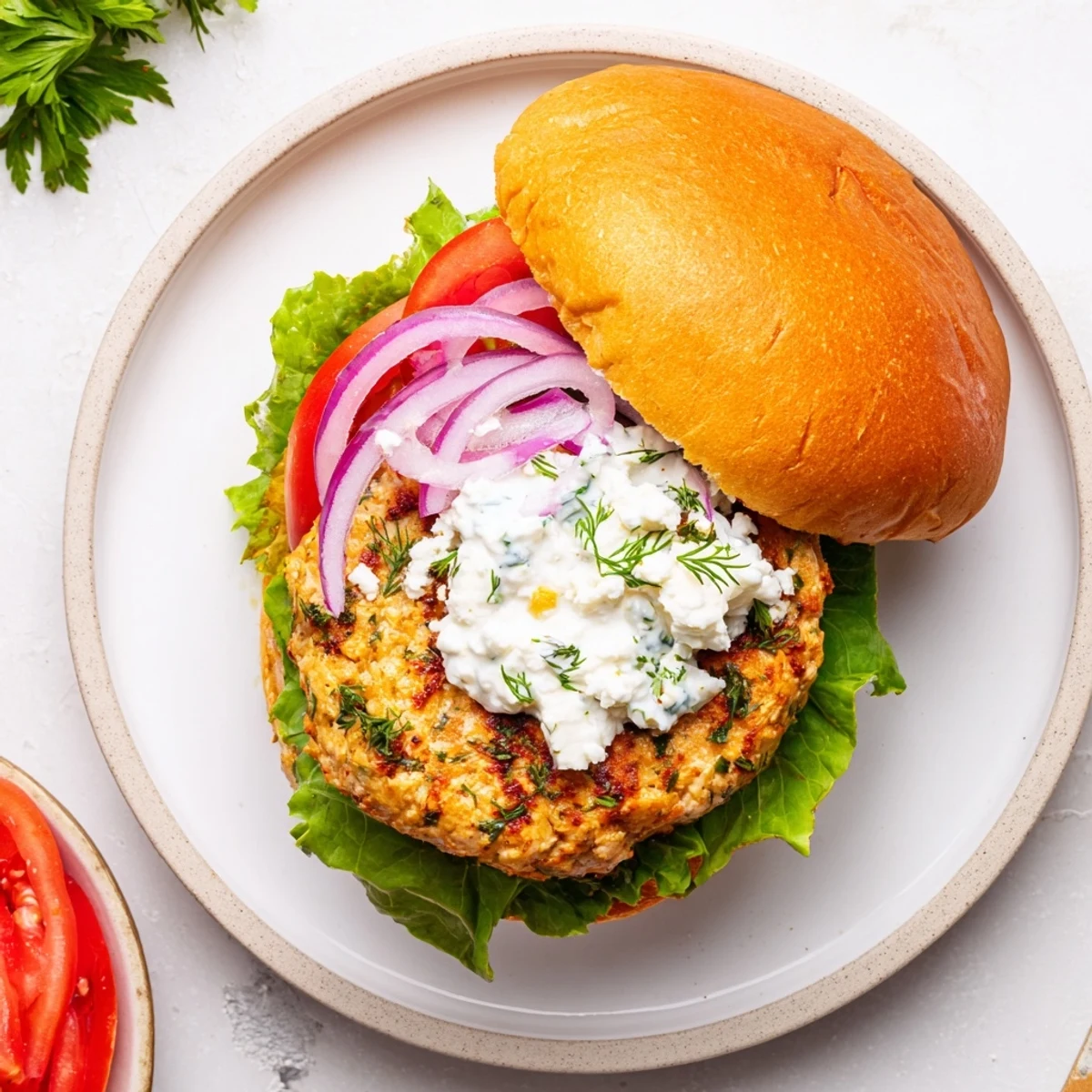 Golden brown Greek chicken burgers topped with creamy tzatziki sauce and fresh vegetables