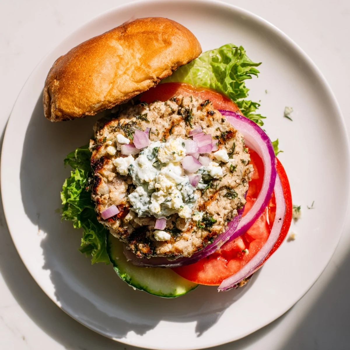 Mediterranean grilled chicken patties with feta cheese served on toasted buns with tangy yogurt sauce