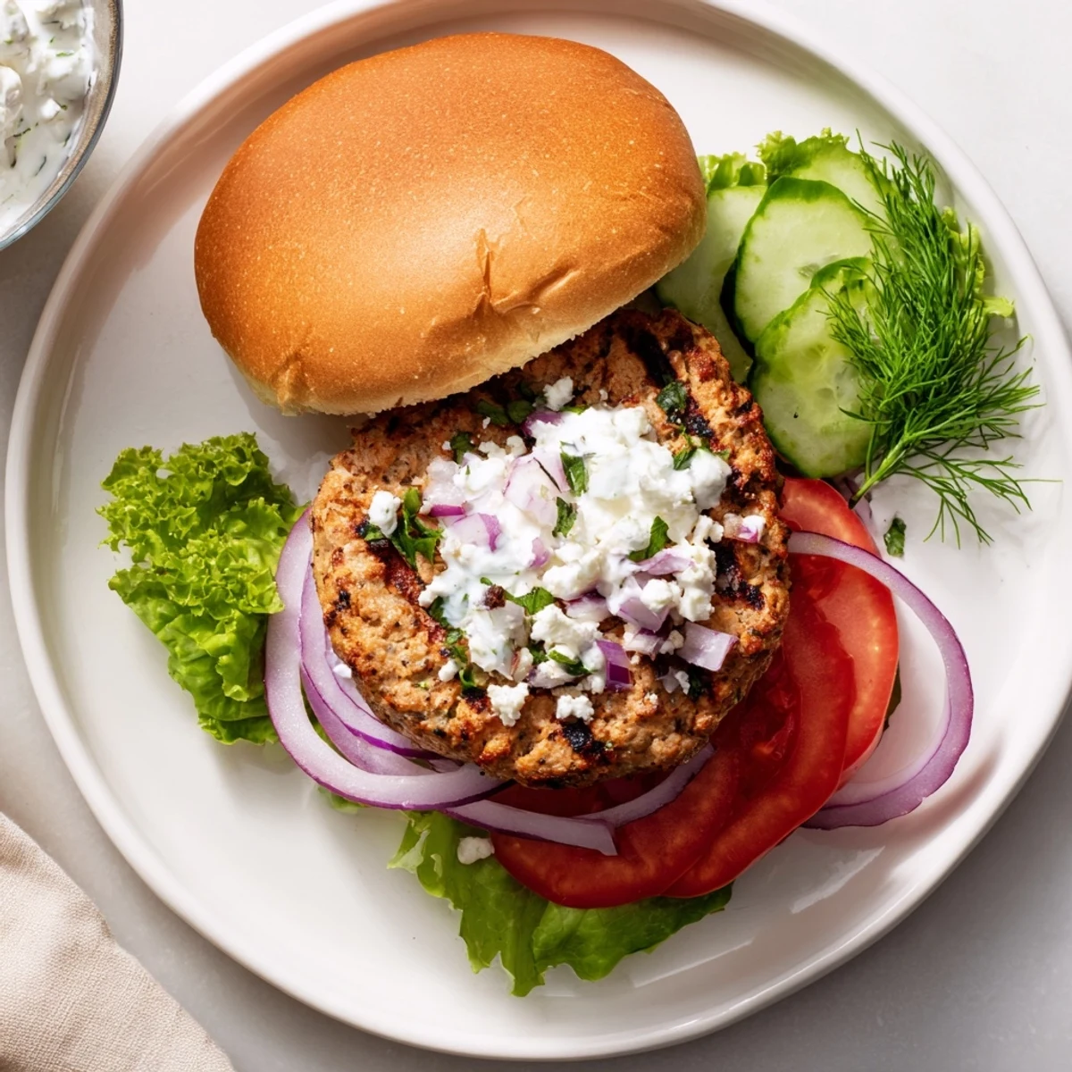 Succulent Greek chicken burgers featuring homemade tzatziki, crisp lettuce, and ripe tomato slices