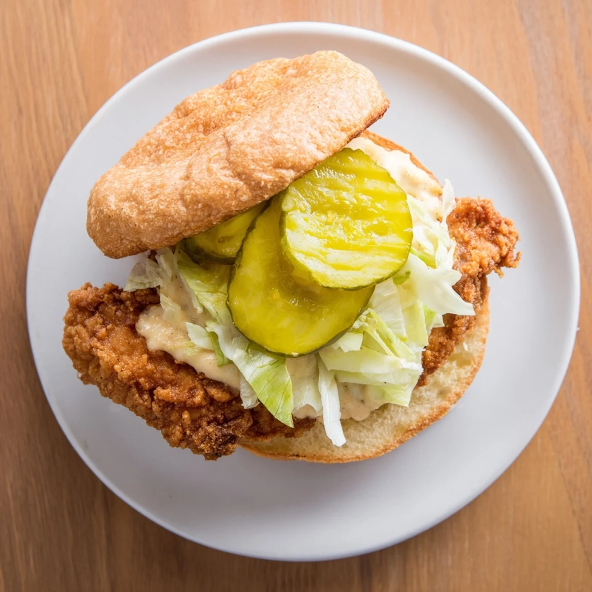 Golden crispy chicken burger with juicy fried breast on toasted brioche bun