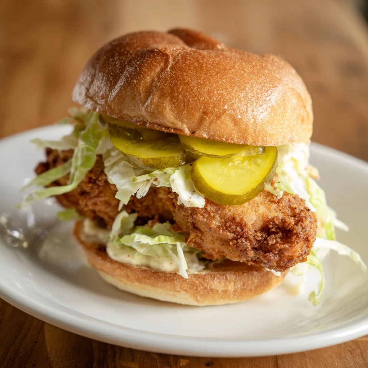 Crispy chicken burger topped with fresh lettuce tangy pickles and creamy sauce