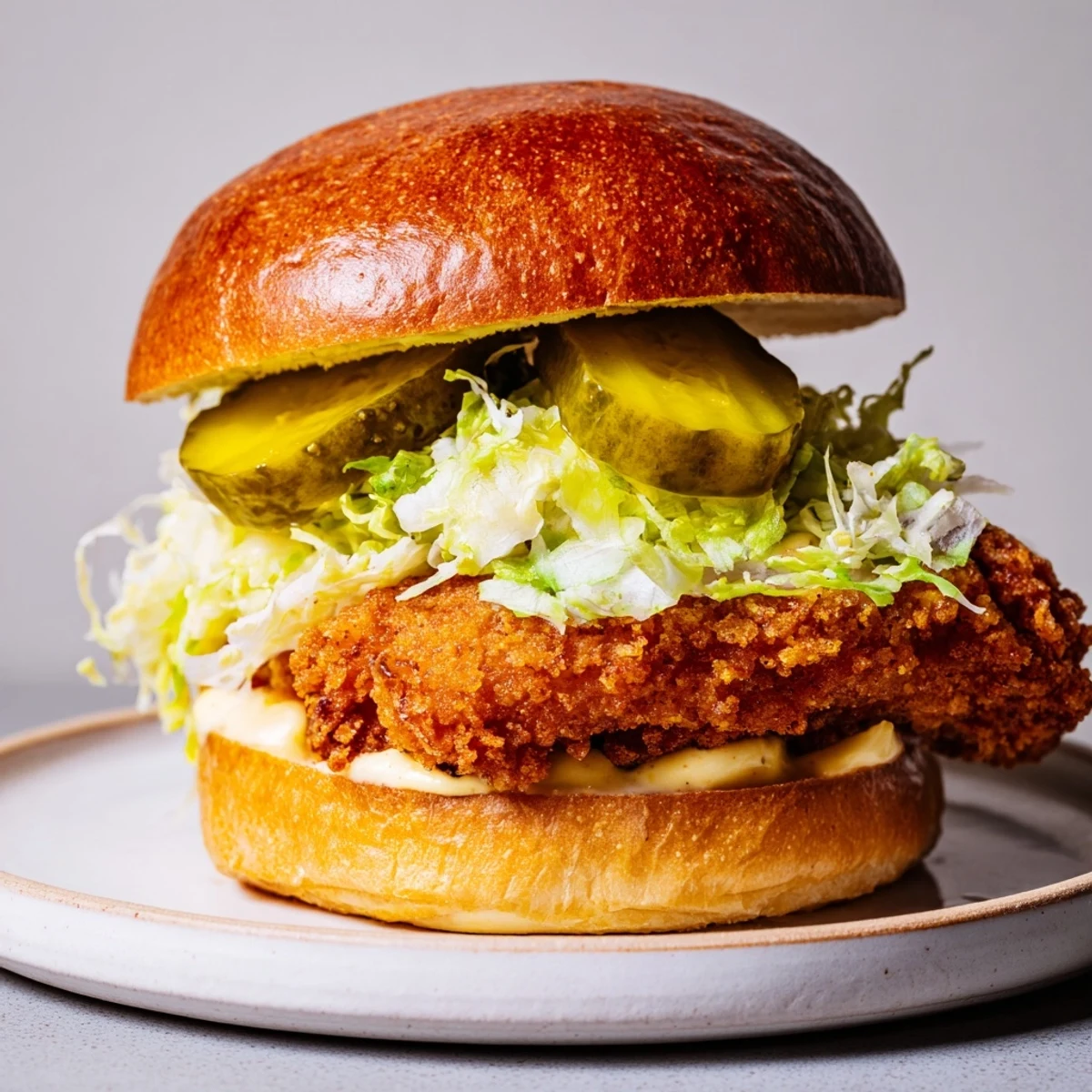 Mouthwatering crispy chicken burger featuring golden fried chicken and crisp vegetable toppings