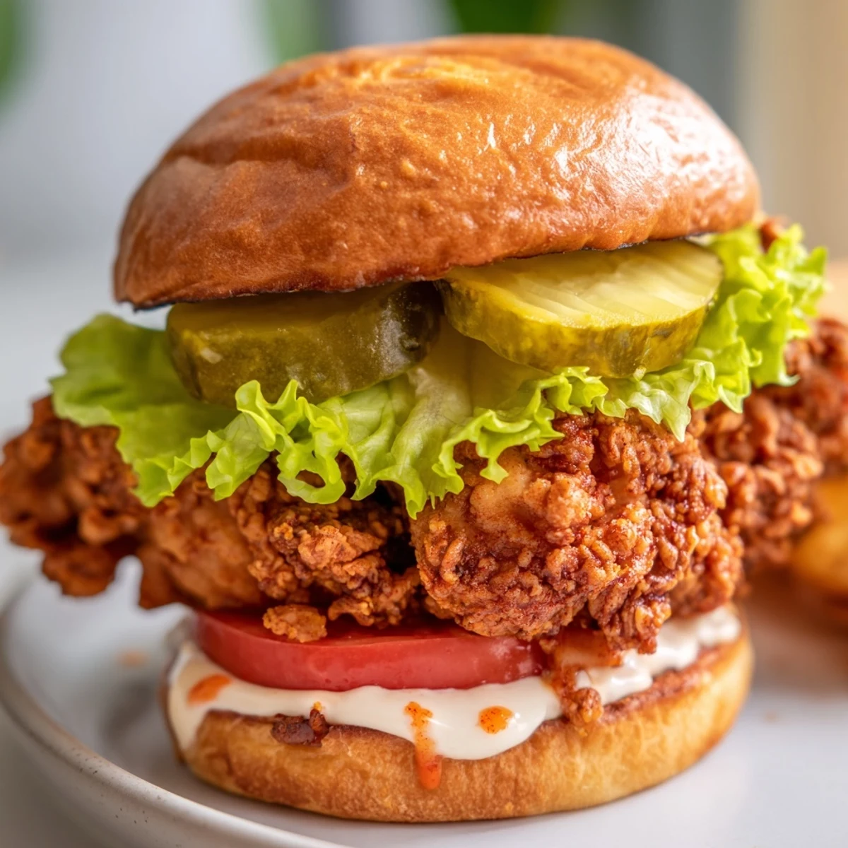 Golden ultra crunchy fried chicken burger stacked with crisp lettuce and juicy tomato slices on a toasted brioche bun