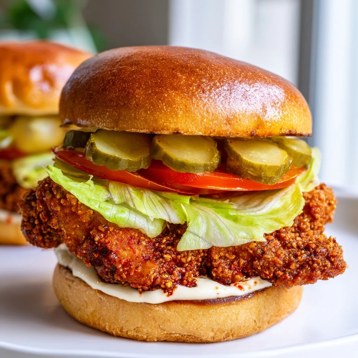 Homemade ultra crunchy fried chicken burger served on soft potato bun with fresh garden vegetables and zesty sauce