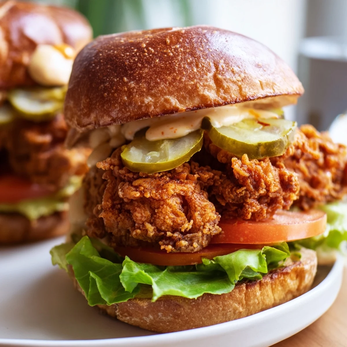 Mouthwatering fried chicken burger featuring thick craggy coating topped with tangy pickles and creamy spicy mayonnaise