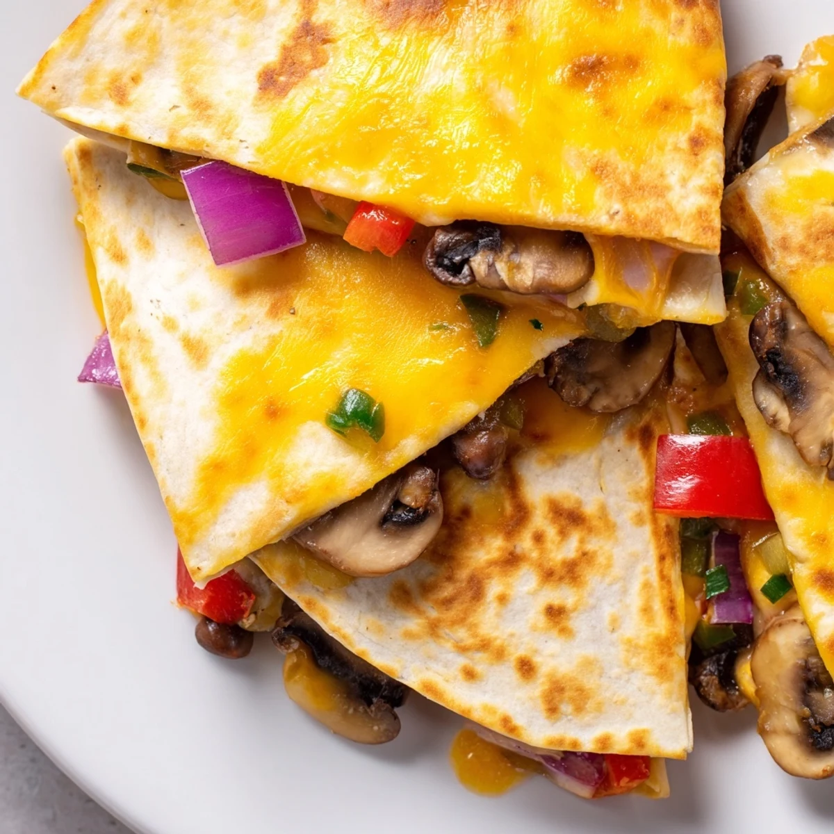 Loaded chicken quesadillas cut into triangles, garnished with fresh cilantro and served with sour cream