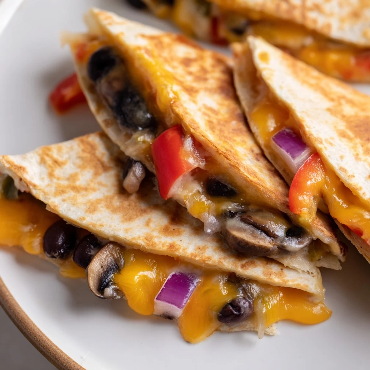 Vegetarian quesadillas featuring sautéed peppers, mushrooms, and black beans wrapped in a flour tortilla