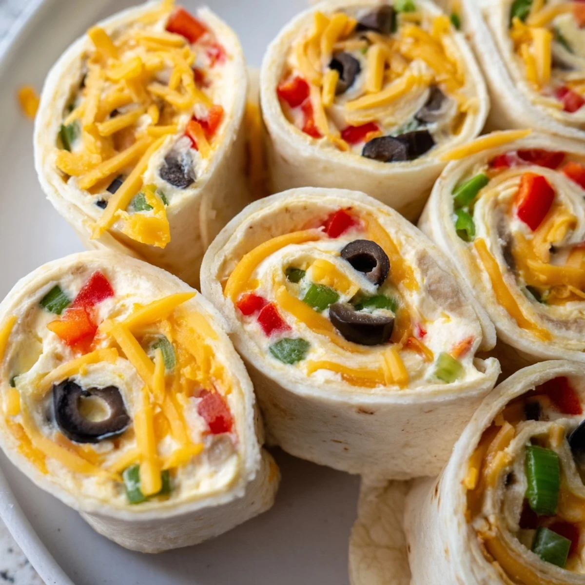 Colorful spiral of easy tortilla pinwheels filled with creamy cheese and chopped vegetables on a white serving platter