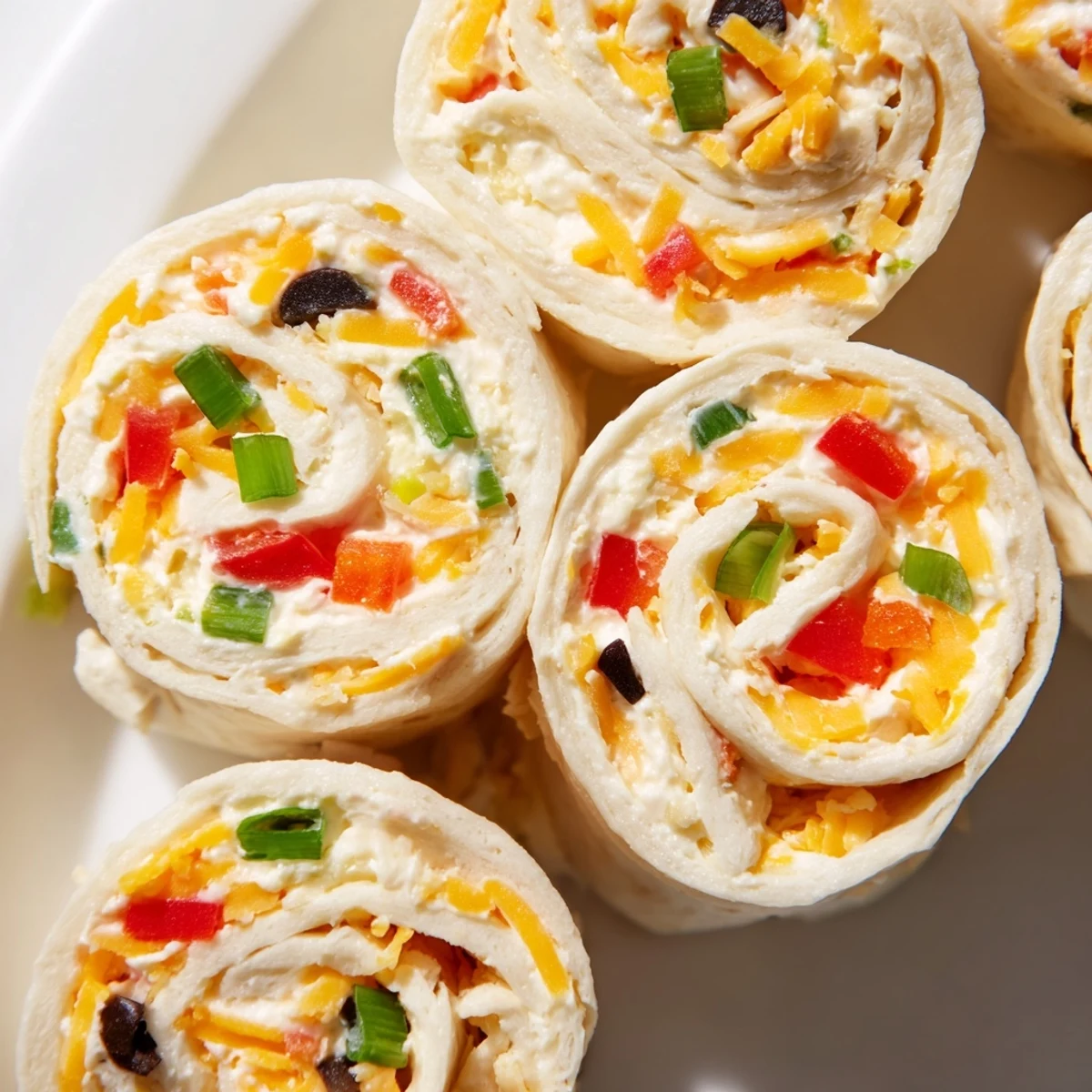 Close-up view of sliced easy tortilla pinwheels showcasing the red pepper, green onion, and cheese filling layers