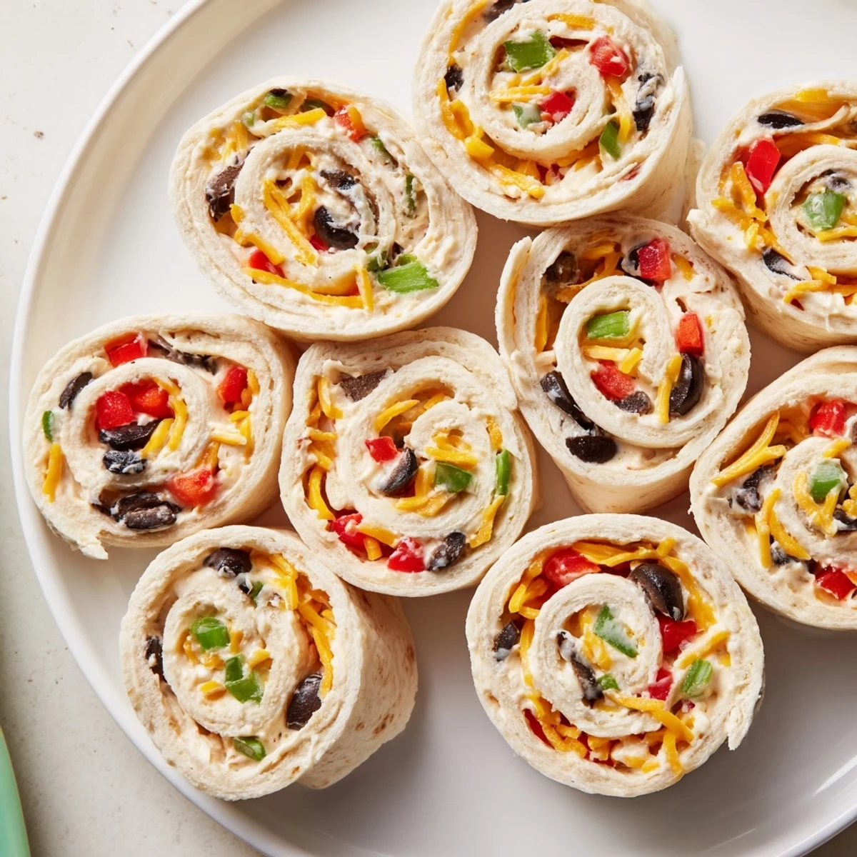 Party platter featuring bite-sized easy tortilla pinwheels arranged neatly with colorful vegetable specks visible throughout