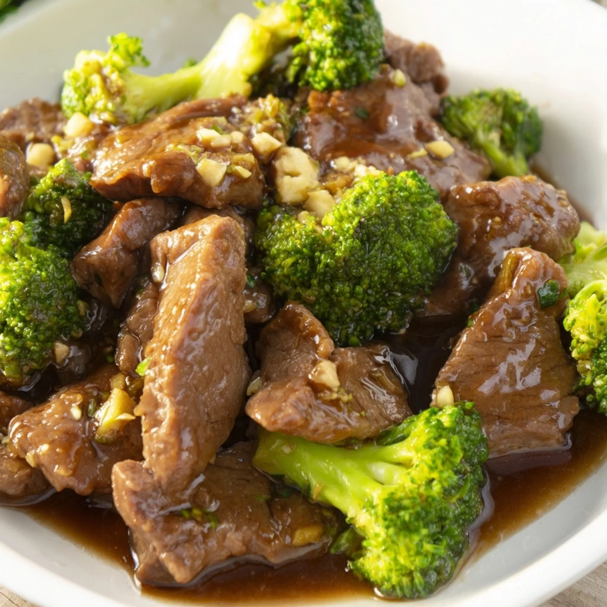 Thick beef and broccoli stir fry sauce dripping over crisp broccoli florets and beef slices