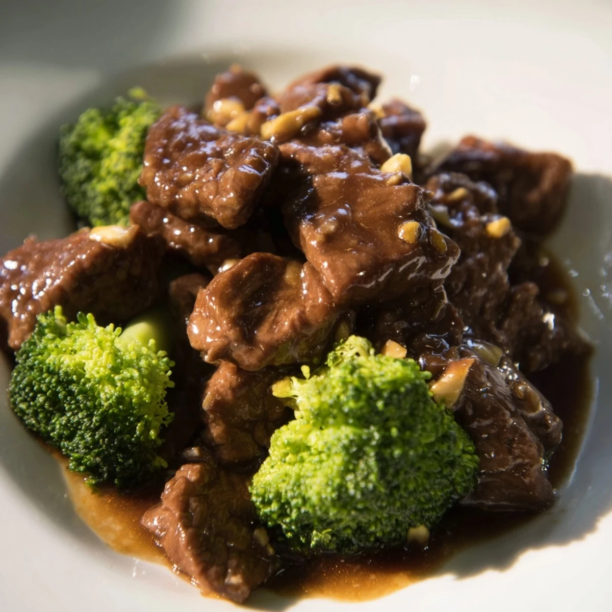 Savory beef and broccoli stir fry sauce simmering in wok with tender beef pieces