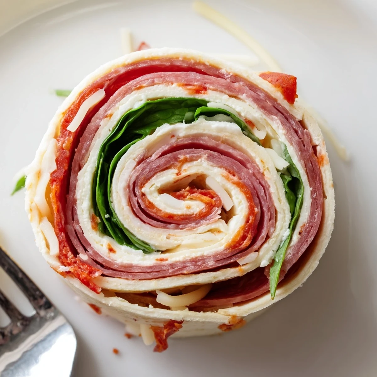 Savory Italian Pinwheels sliced into colorful spirals on a white serving platter for parties