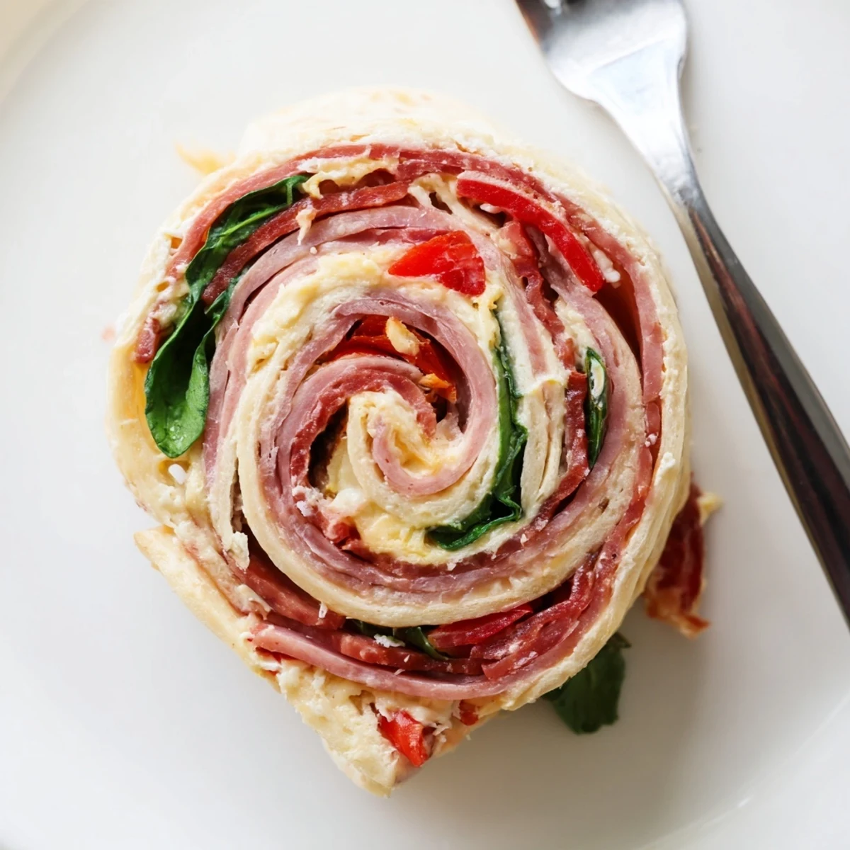 Italian Pinwheels appetizer featuring layers of salami, ham, and pepperoni rolled with cream cheese