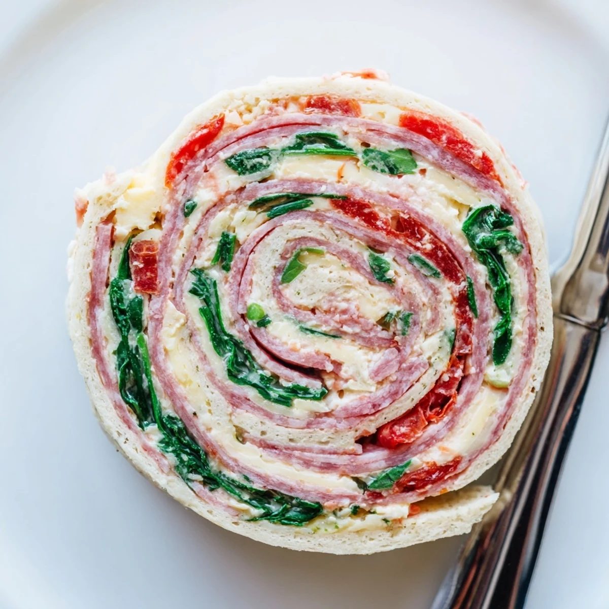 Easy Italian Pinwheels recipe showcasing deli meats and fresh spinach wrapped in soft tortillas