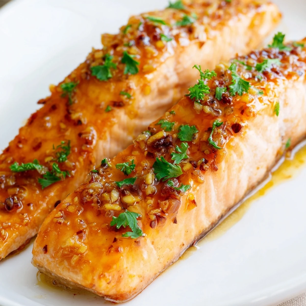 Golden pan-seared crispy honey garlic glazed salmon drizzled with sticky sweet sauce and garnished with fresh parsley