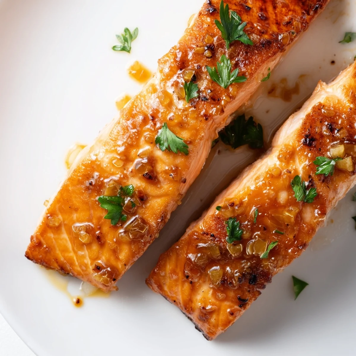 Crispy honey garlic glazed salmon fillets with caramelized edges served on white plate with lemon wedges