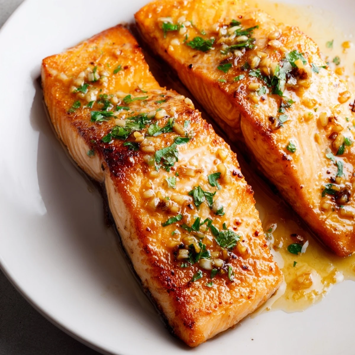 Perfectly seared honey garlic glazed salmon with glossy coating plated alongside steamed rice and roasted vegetables