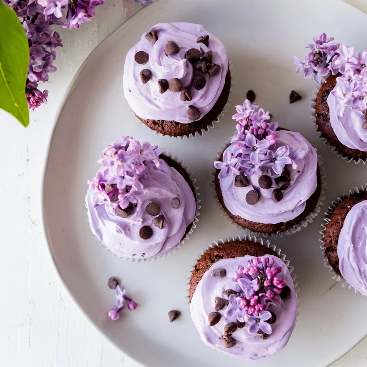 Small batch lilac chocolate cupcakes topped with fluffy floral buttercream and fresh blossoms