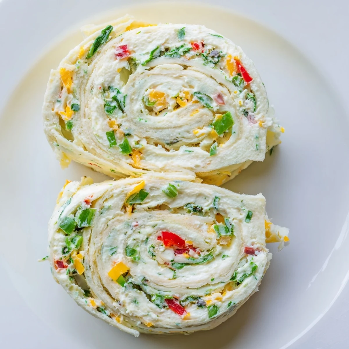 Savory cream cheese pinwheels sliced into rounds revealing colorful vegetable filling inside