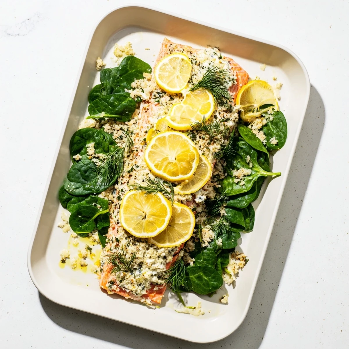 Golden baked salmon fillet topped with melted Boursin cheese and fresh lemon slices