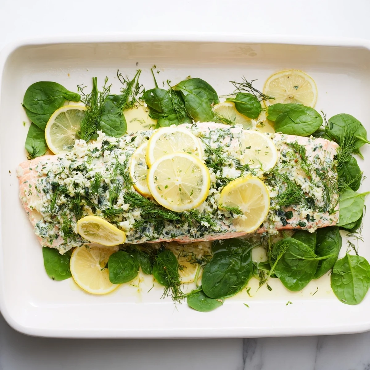 Creamy Boursin salmon roasting with baby spinach and golden herb cheese topping