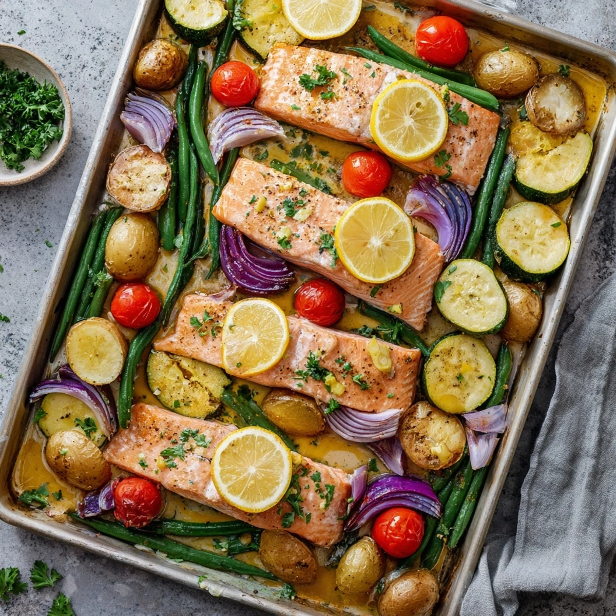 Golden brown salmon fillets roasted with colorful vegetables on a sheet pan