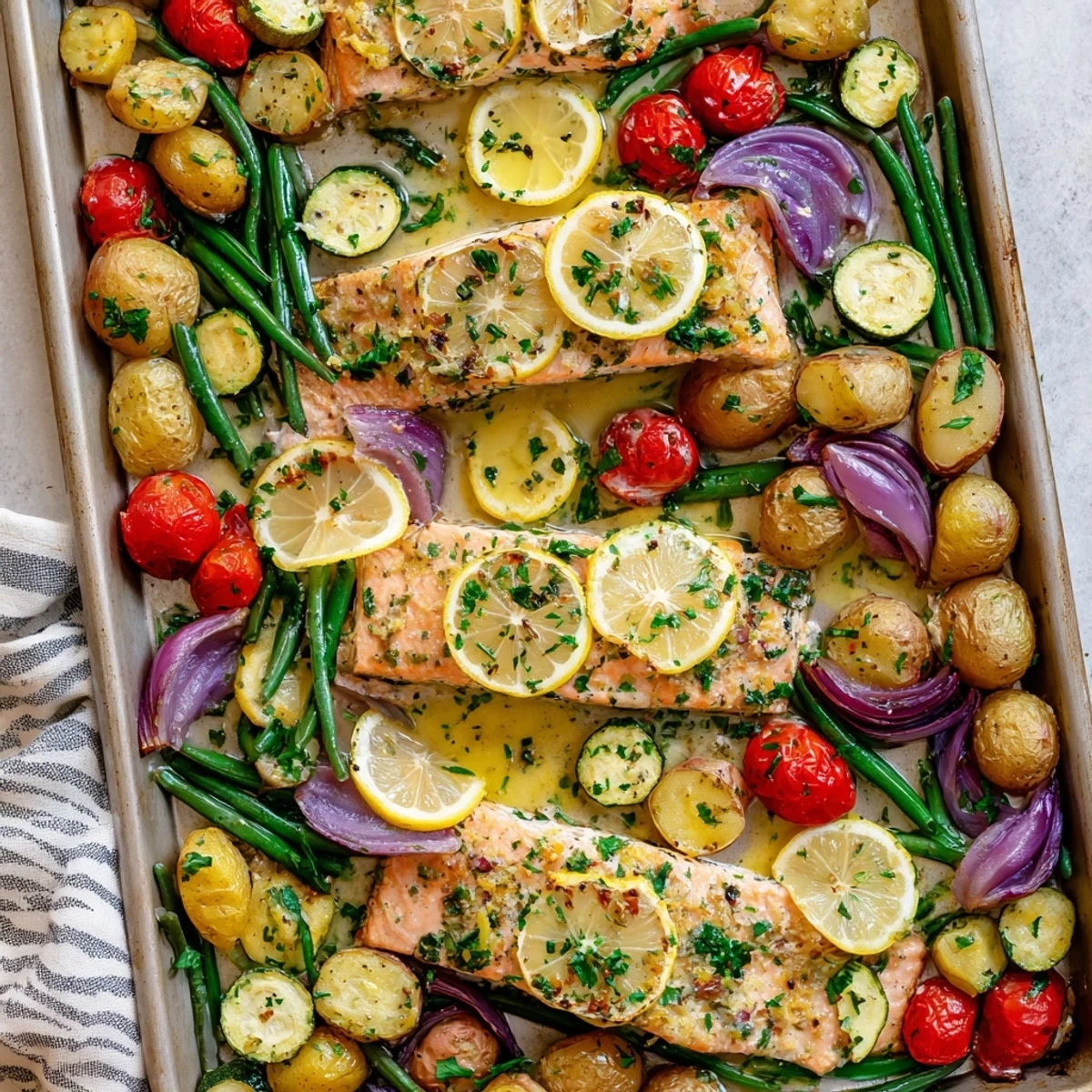 Sheet pan lemon garlic butter salmon with tender roasted potatoes and tomatoes