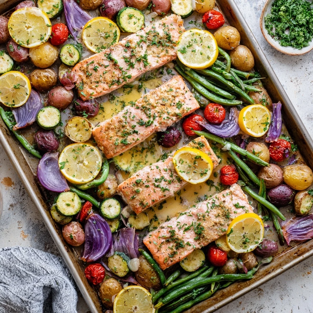 Flaky salmon baked in lemon garlic butter sauce alongside zucchini and green beans