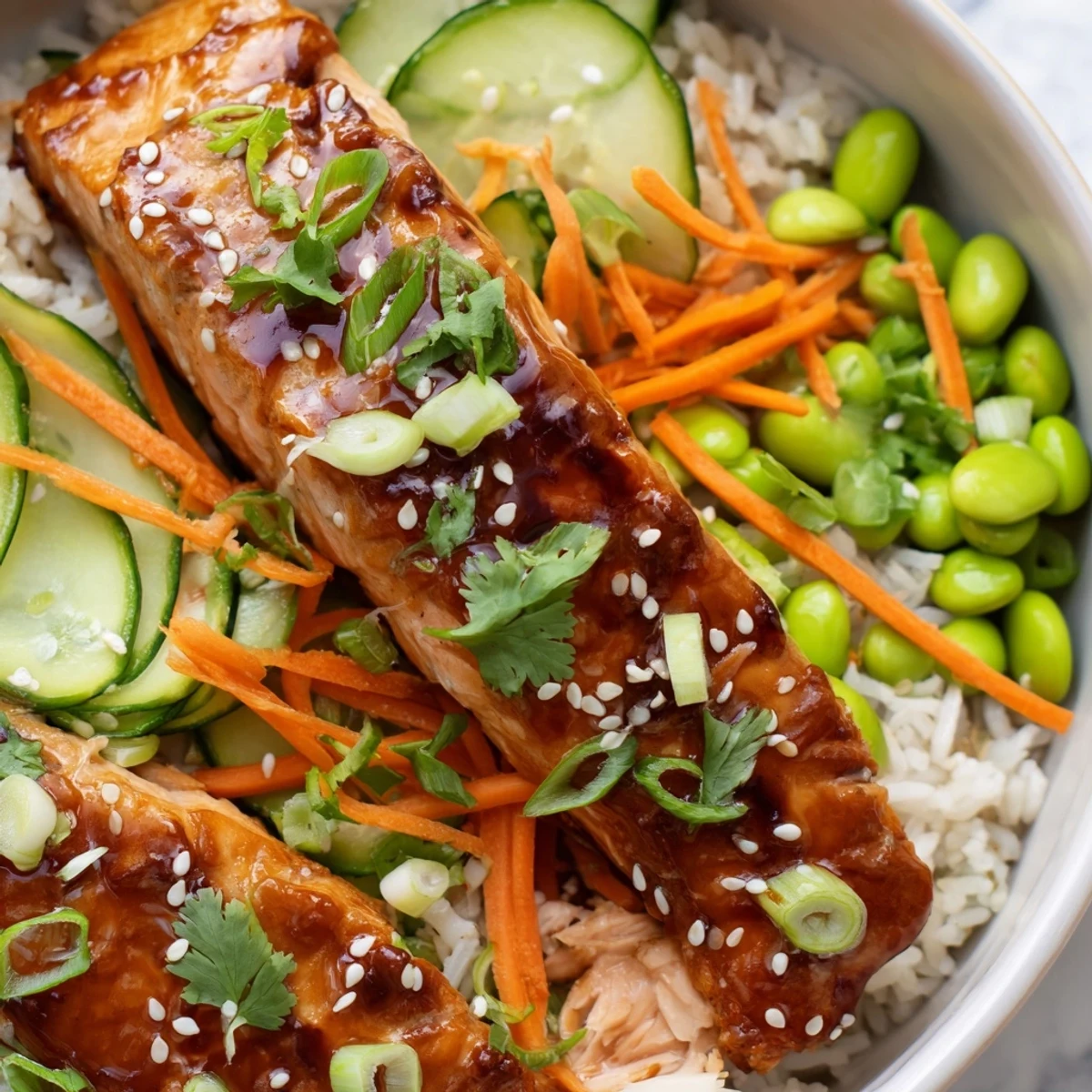 Golden honey glazed salmon bowl with fluffy rice and vibrant colorful vegetables arranged in a serving bowl