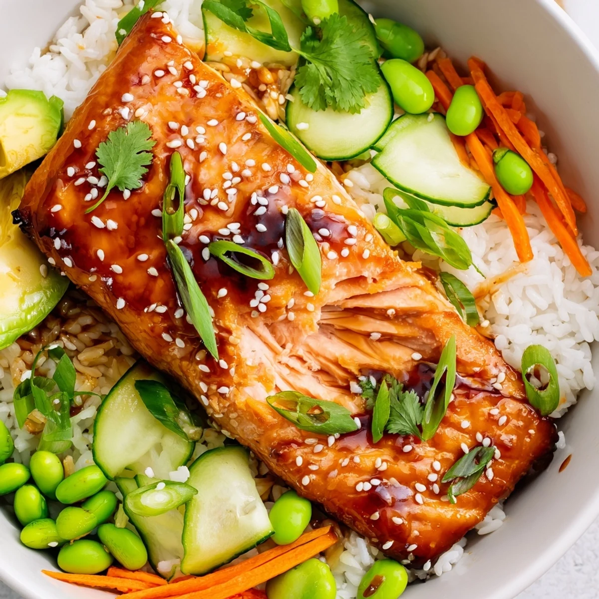 Delicious honey glazed salmon bowl topped with sesame seeds green onions and healthy vegetables for dinner