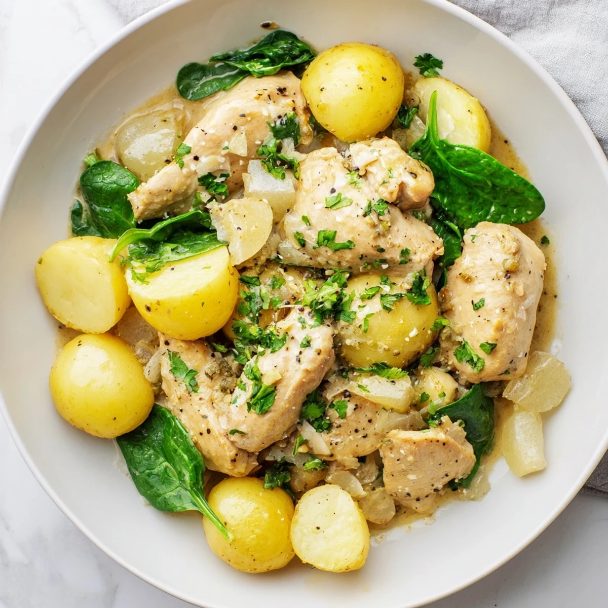 Golden chicken and tender baby potatoes coated in creamy garlic Parmesan sauce