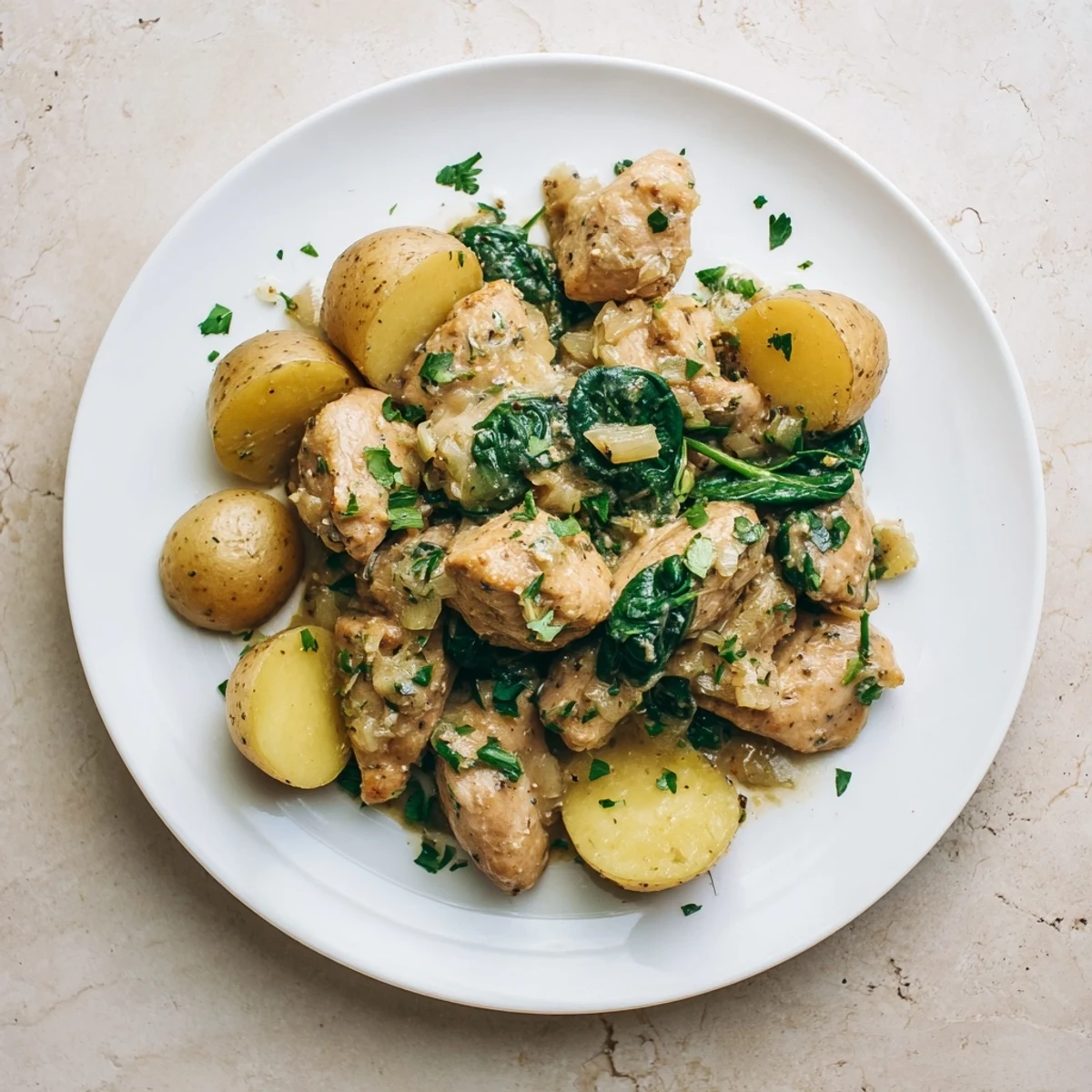 Slow cooker chicken breasts nestled beside baby potatoes in rich garlic Parmesan glaze