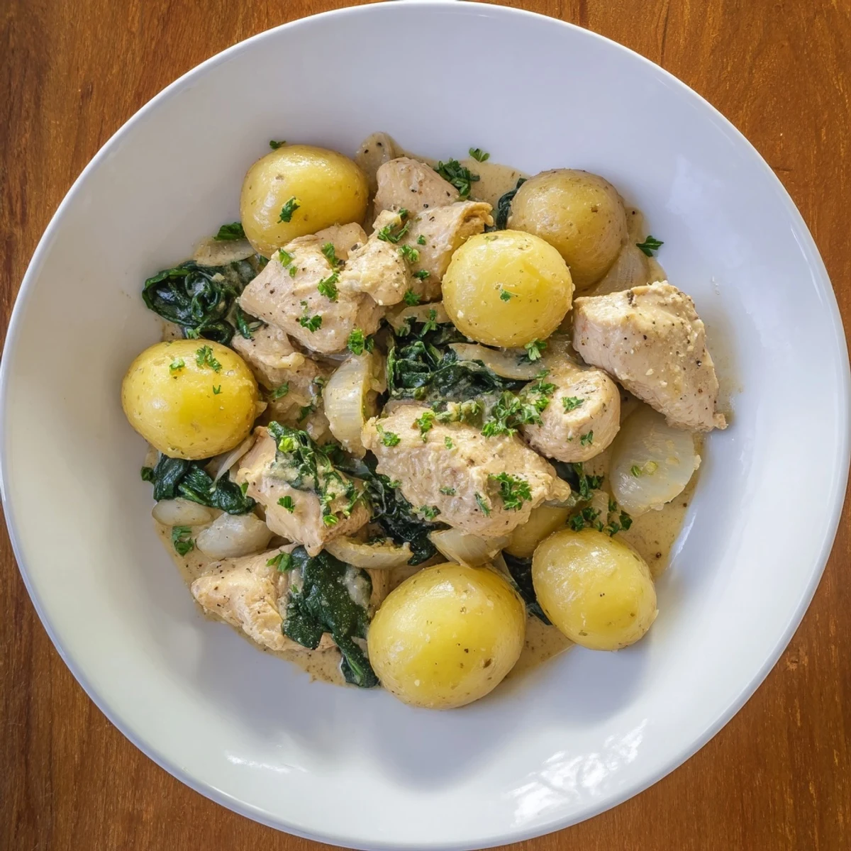 Family-friendly one-pot meal with chicken and potatoes in savory garlic Parmesan cream sauce