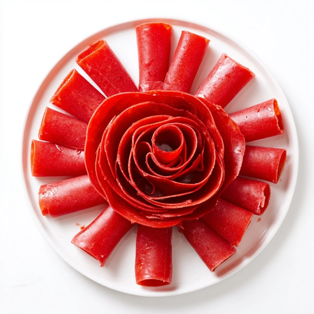 Chewy strawberry fruit leather strips rolled individually in parchment for a healthy snack